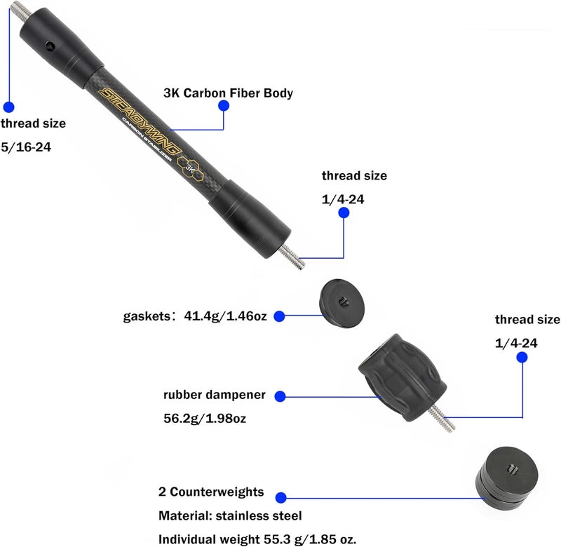 limaity Bow Stabilizer for Compound Bow 6" 8" 10" 12" 15" Archery 3k Carbon Balance Bar Absorber with Weights Absorption for Bow Hunting Shooting - Image 4